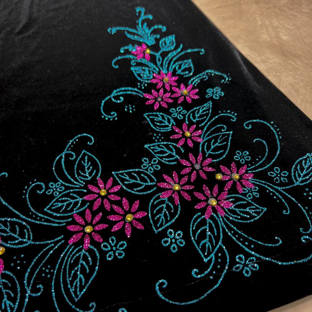 Vintage 90s Black Velour Floral Glitter Maxi Skirt Rhinestone Whimsigoth Fairy - Picture 4 of 7